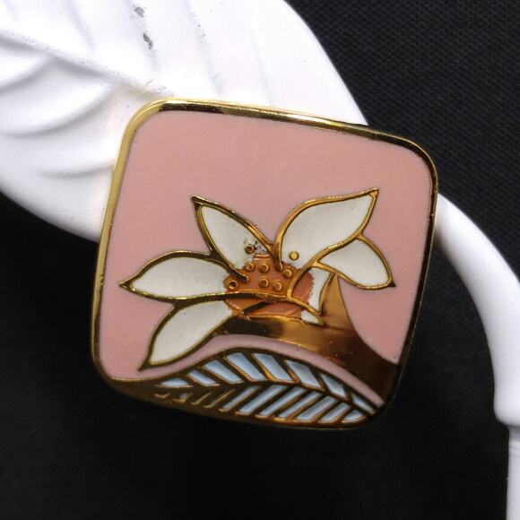 Vintage Laurel Burch "Wild Lily" Pink Post Earrings, Cloisonne Gold Plated - Picture 2 of 10